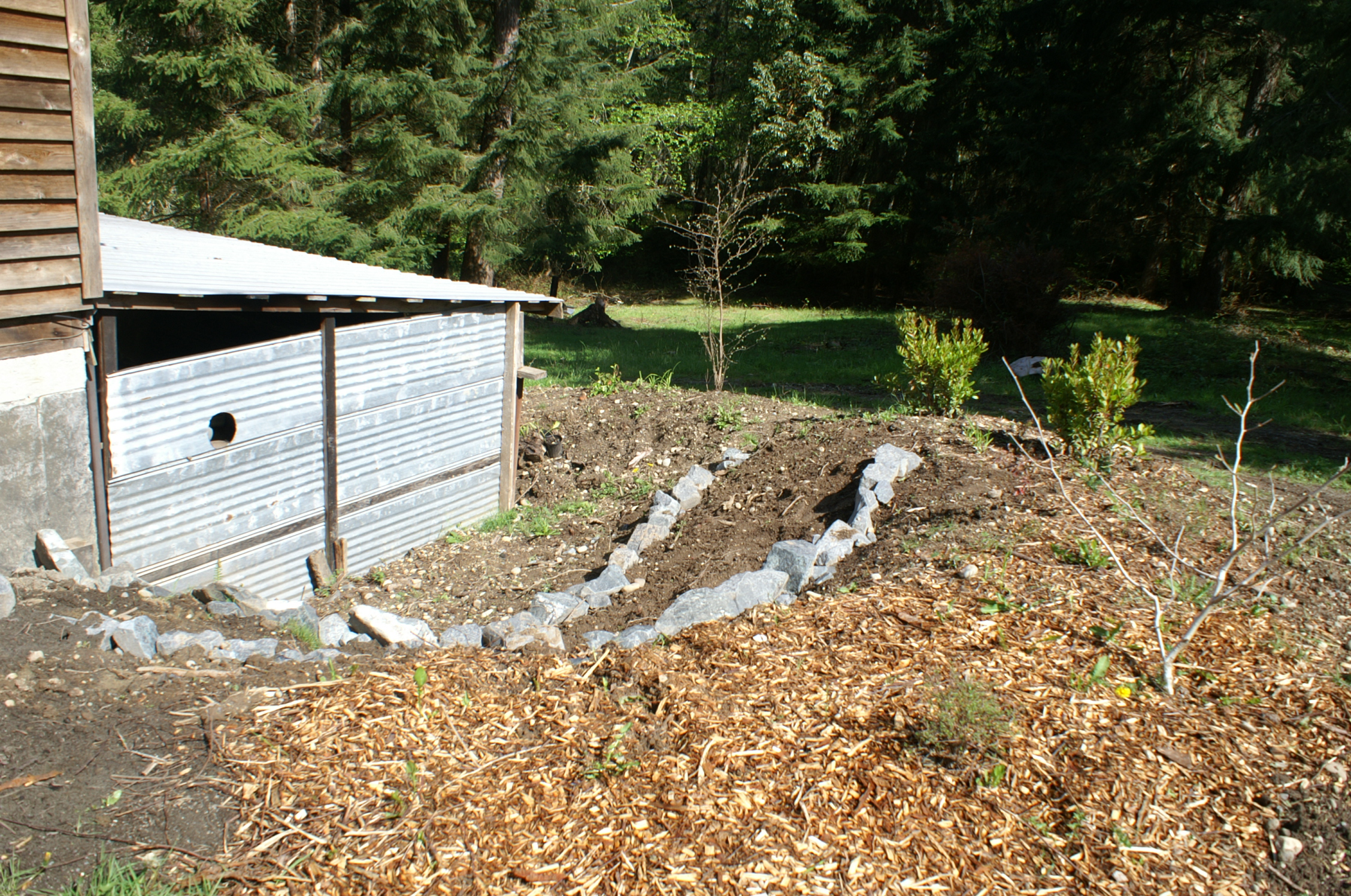 completed basalt rock wall with bark mulch completed basalt rock wall with bark mulch